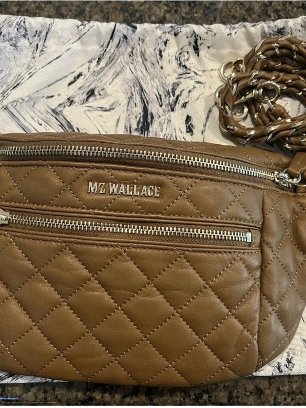 NWOT MZ Wallace Small Crosby Quilted Leather Crossbody Belt Bag Cognac